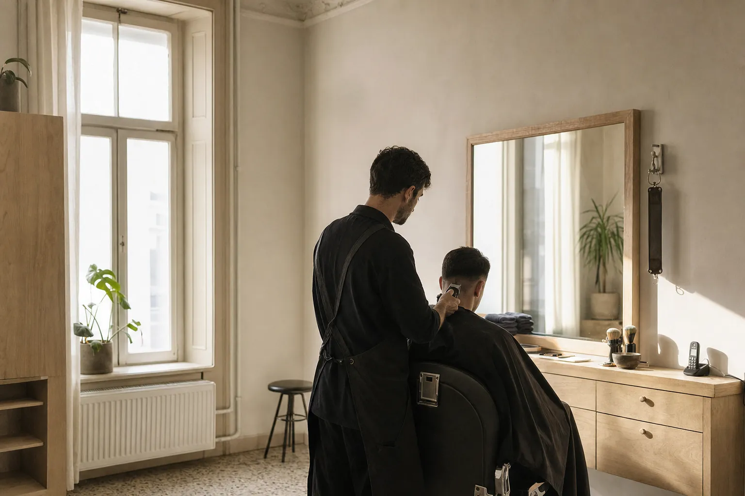 Barbier arbeitet mit der Maschine am Nacken eines Kunden, das Telefon liegt unbeachtet auf der Ablage.