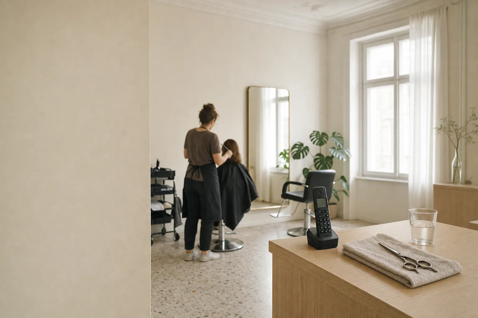 Heller Wiener Altbau-Salon am Vormittag, im Vordergrund die Rezeption mit Telefon, im Hintergrund eine Friseurin bei der Arbeit.