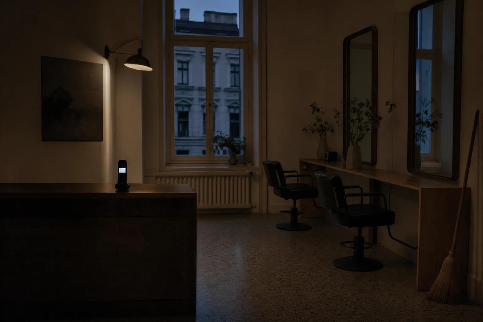 Geschlossener Salon nach Ladenschluss, nur das Display des Telefons an der Rezeption leuchtet.