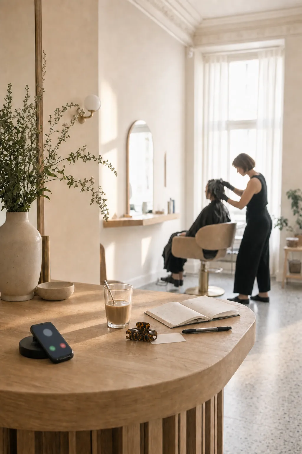 Telefon mit leuchtendem Anrufbildschirm auf der Salontheke, im Hintergrund arbeitet die Friseurin am Kunden.