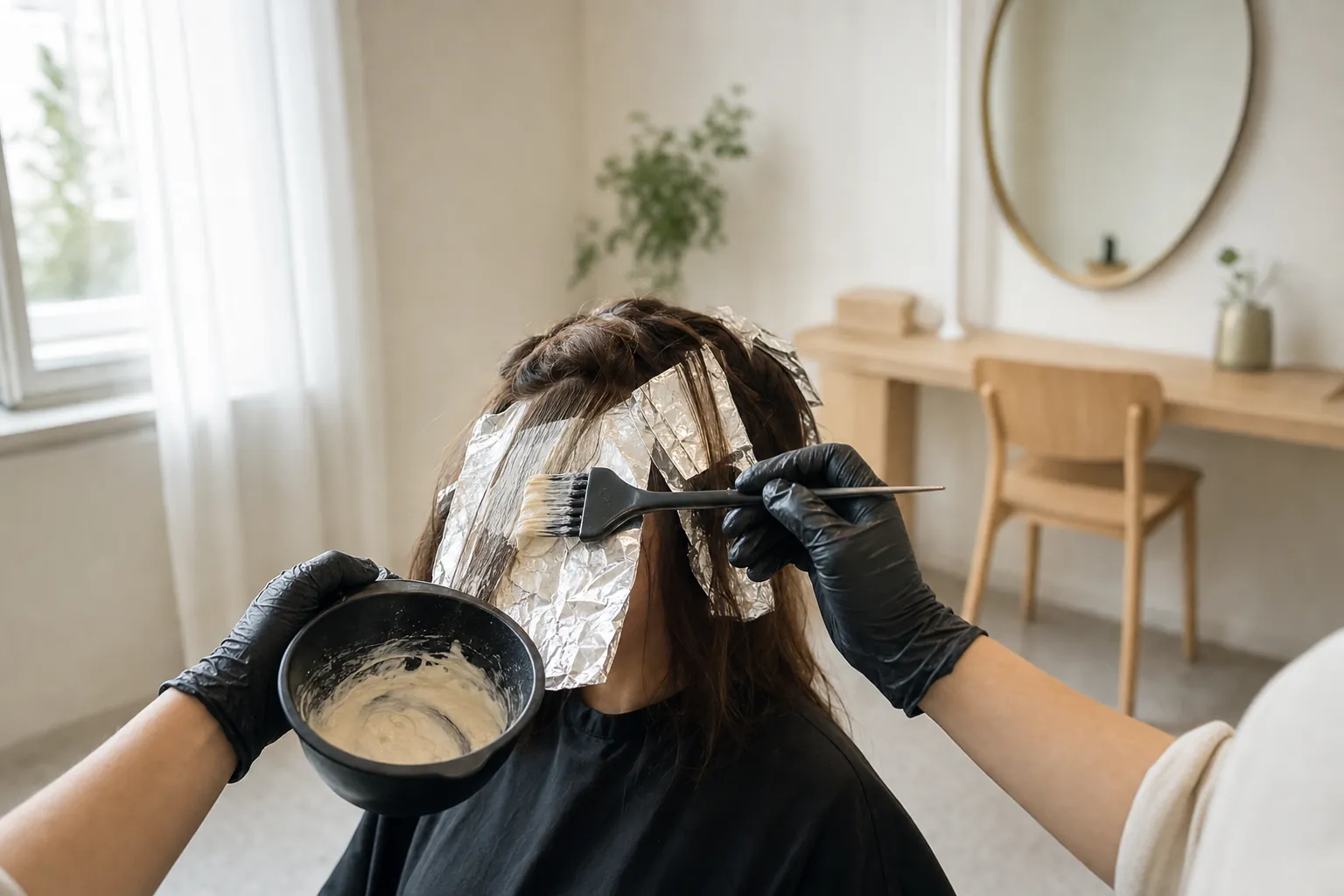 Hände in Handschuhen tragen mit einem Pinsel Farbe auf eine abgeteilte Haarsträhne auf.
