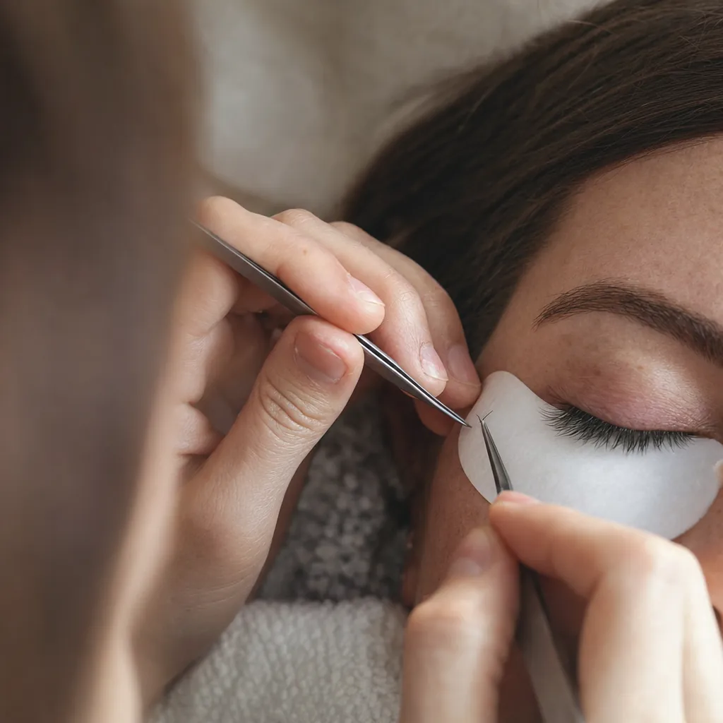 Wimpernstylistin isoliert mit zwei feinen Pinzetten eine einzelne Wimper.